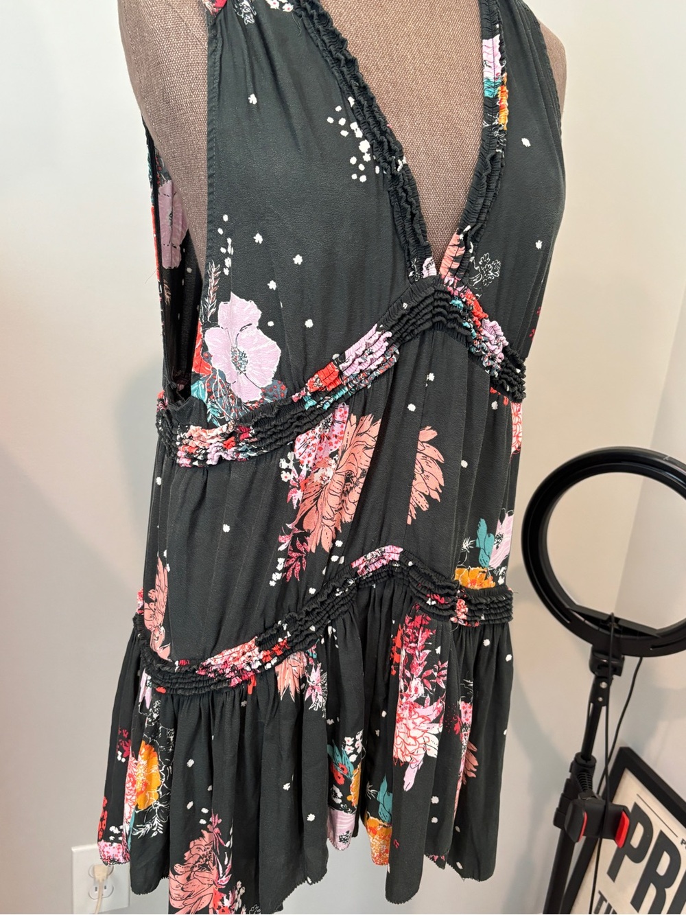 Free People Black Floral V-Neck Tiered Women's Top Small